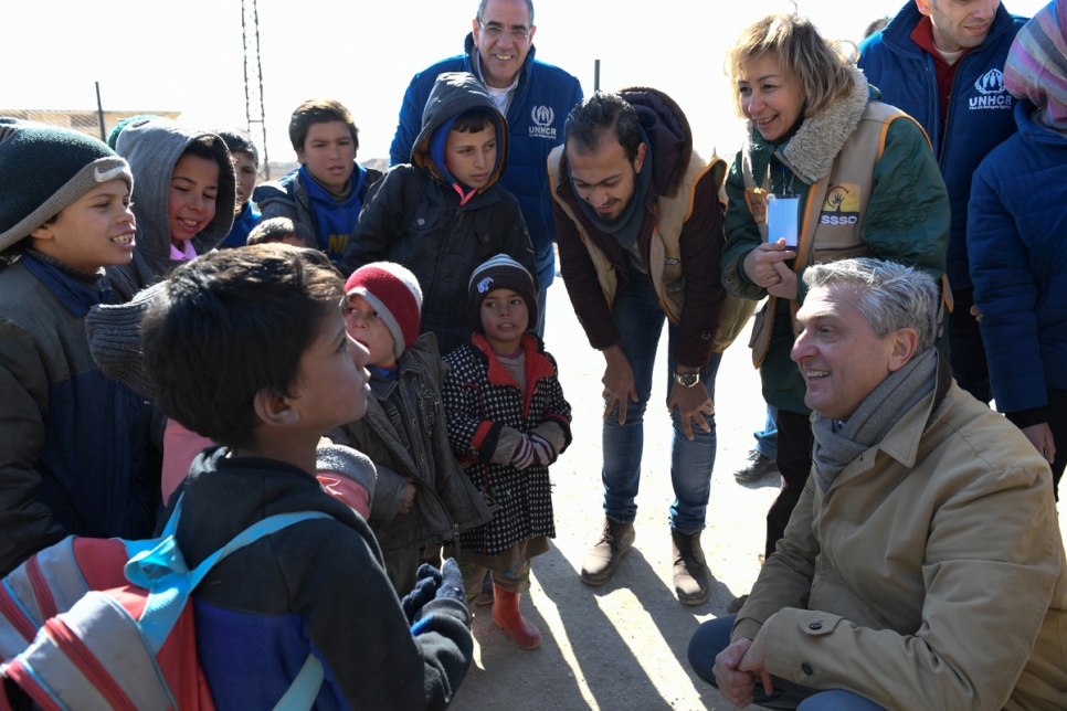 On the third day of his official visit to Syria, United Nations High Commissioner for Refugees Filippo Grandi met displaced people in Aleppo and witnessed the destruction. Here, he meets children taking part in recreational activities in Jibreen, where 5,000 people are living in shelters inside warehouses in the industrial district of the city. © UNHCR/Bassam Diab