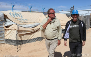 UNHCR High Profile Supporter, Neil Gaiman, visits Zaatari camp for Syrian refugees with UNHCR field staff.
