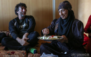 Jordan. UNHCR High Profile Supporters Georgina Chapman and Neil Gaiman visit refugees at Zaatari camp