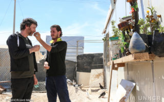 UNHCR High Profile Supporter, Neil Gaiman, visits Zaatari camp for Syrian refugees with UNHCR field staff.
