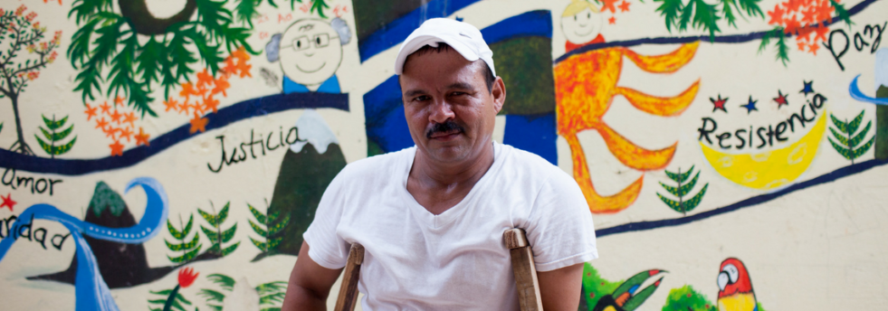 Pedro Lopez, 44, from Honduras at The Jtatic Samuel Ruiz García shelter in Palenque, Chiapas, Mexico. Pedro fell from a train as he attempted to flee and suffered severe injuries in his left arm and in both legs.