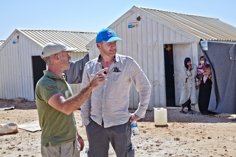 Paul McCallion (right) discusses lighting with colleague Paul Quigley at Azraq camp. “With light, people have opportunities and freedoms that are lost when the sun goes down.”