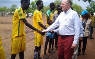 The UN Secretary-General's Special Envoy for Youth Refugees and Sport Jacques Rogge meets sports mad South Sudanese refugees in Kule Refugee Camp, Gambella.