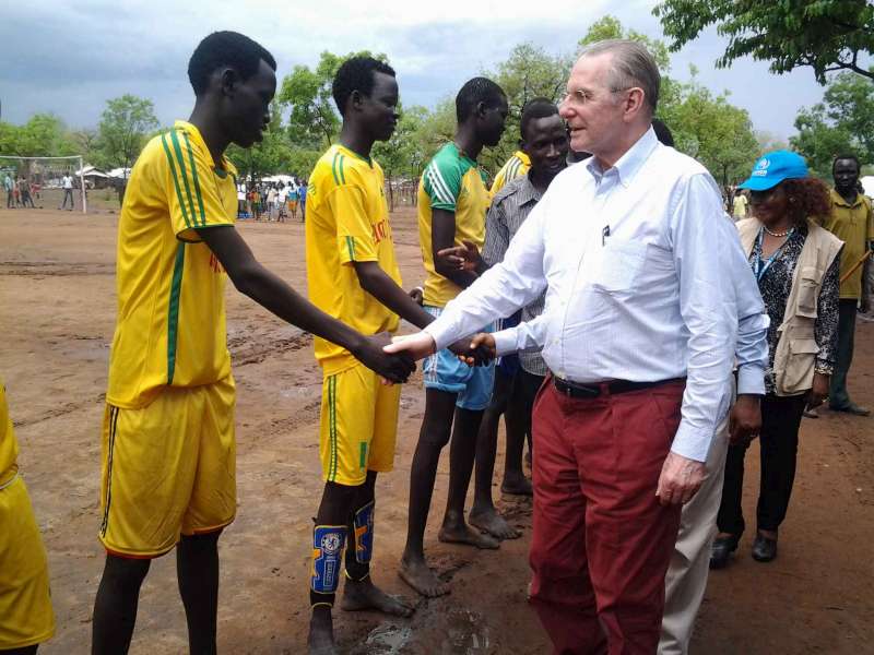 The UN Secretary-General's Special Envoy for Youth Refugees and Sport Jacques Rogge meets sports mad South Sudanese refugees in Kule Refugee Camp, Gambella.