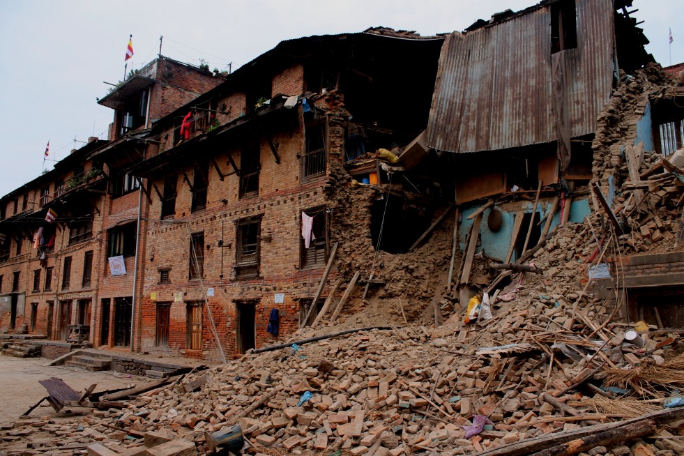 Houses destroyed by the earthquake in a small town of Bungamati in the outskirts of Kathmandu .