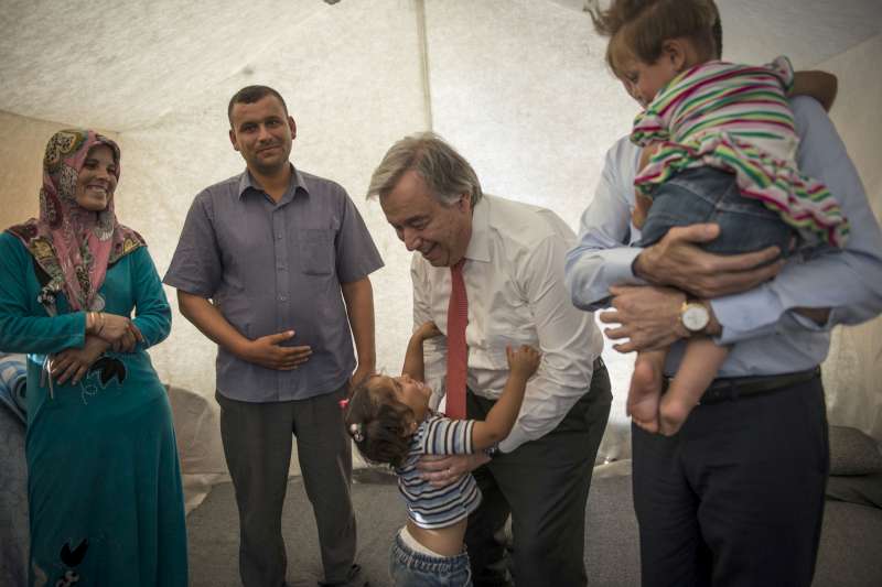 UN High Commissioner for Refugees, António Guterres, visits a Syrian refugee family in Turkey's Midyat camp on World Refugee Day. 