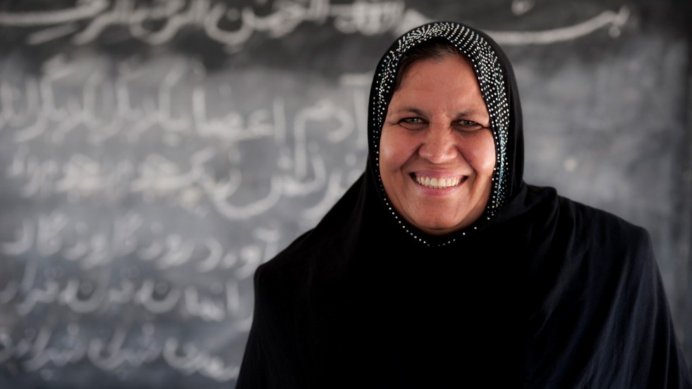 Aqeela Asifi at her school in Pakistan.