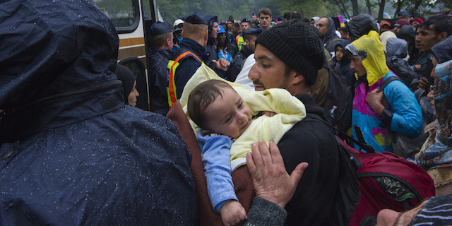 A father cradling his sick child waits in the rain to board a bus to a police pre-registration centre in Hungary.