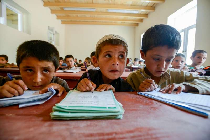 Haqmal (centre), a six year-old returnee from Pakistan loves his new school, the Ansarul-Momineen School in Pajhman, Kabul District Afghanistan.