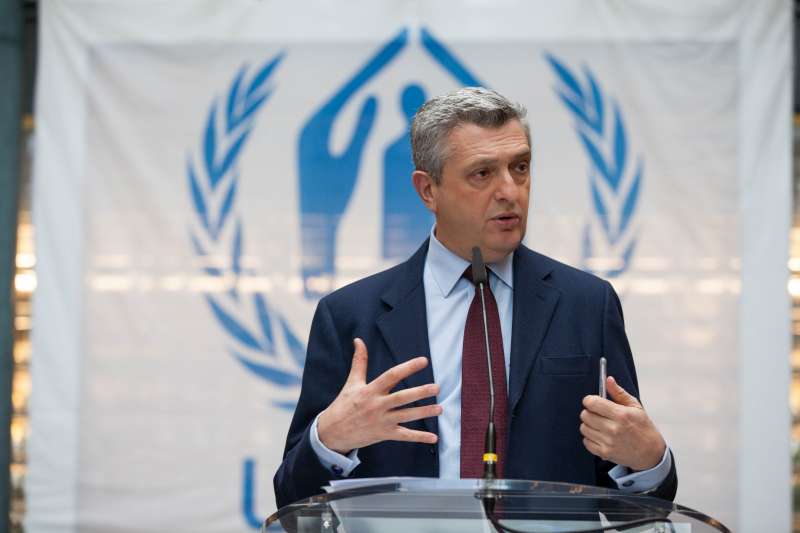 UN High Commissioner for refugees, Filippo Grandi, addresses staff at headquarters in Geneva, Switzerland.