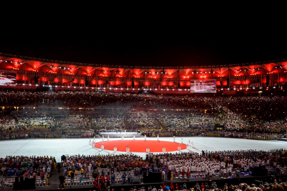 A massive Japanese flag marks the symbolic handing over of the Olympic banner to Tokyo, which will host the next Summer Games in 2020. © UNHCR/Benjamin Loyseau