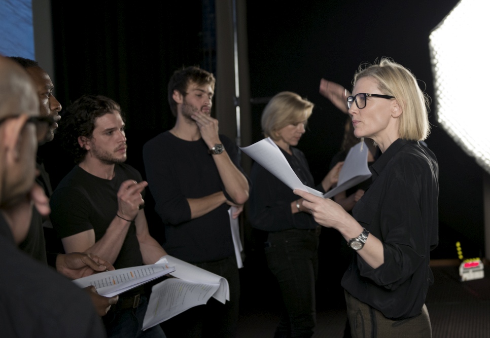 UNHCR Goodwill Ambassador Cate Blanchett and actors (left to right ) Stanley Tucci, Chiwetel Ejiofor, Kit Harington, and Douglas Booth rehearse for a filmed performance of a rhythmic poem by Jenifer Toksvig called ‘What They Took With Them.’ © Rich Hardcastle
