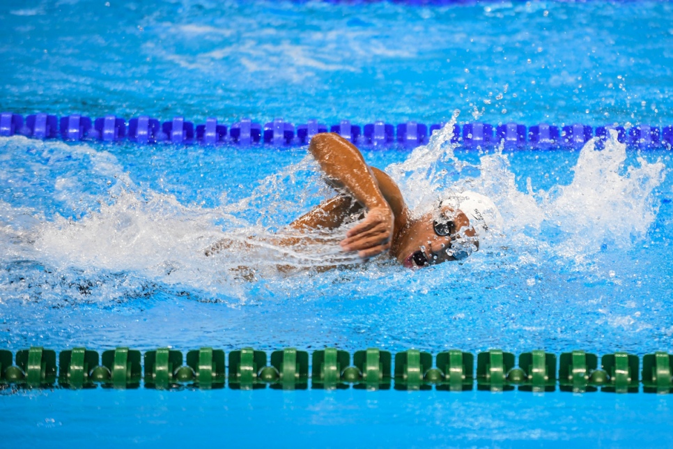 Syrian swimmer Ibrahim Al-Hussein competes in the 100 metre freestyle at the 2016 Paralympic Games in Rio de Janeiro, Brazil. © UNHCR/Benjamin Loyseau