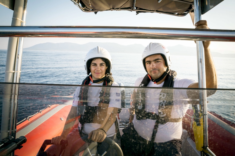 Antigioni Piperaki (left) and Panagiotis Konstantaras (right) are Hellenic Rescue Team volunteers from Lesvos, Greece. © UNHCR/Gordon Welters