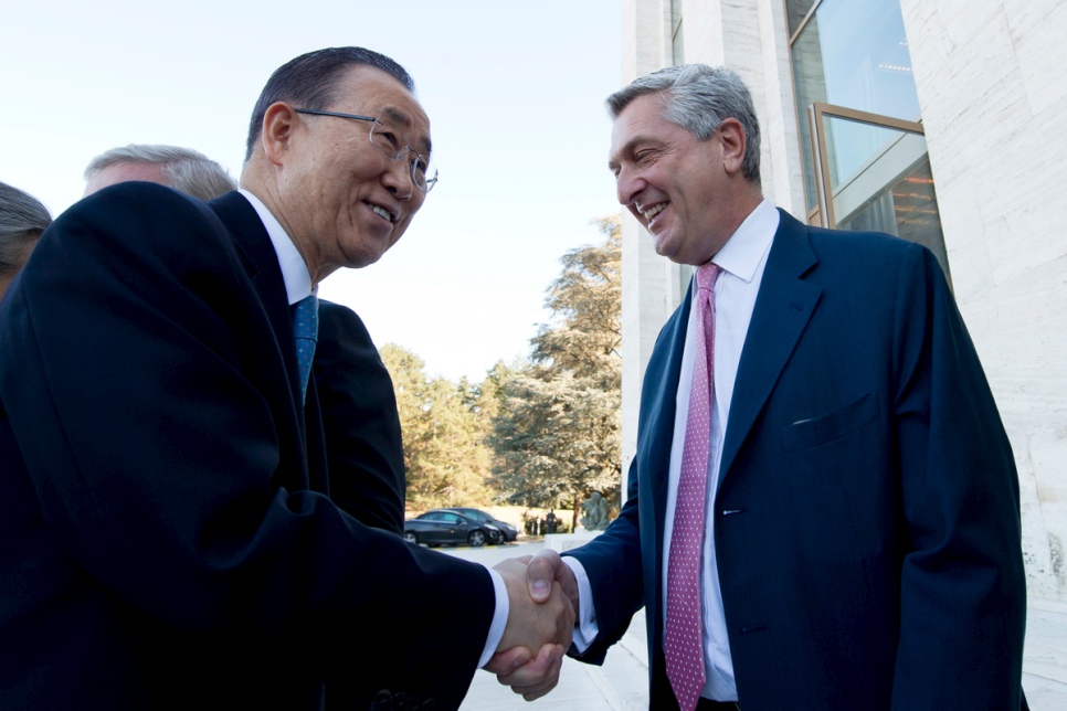 United Nations Secretary-General Ban Ki-moon shakes hands with UN High Commissioner for Refugees Filippo Grandi during 67th Session of the Executive Committee of the High Commissioner’s Programme 2016. © UNHCR/Jean Marc Ferré