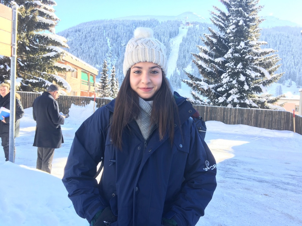 Syrian refugee Yusra Mardini addressed a star-studded crowd in Davos and spoke of her personal experience fleeing war in Syria. © UNHCR/Gisella Lomax