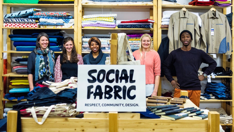 Social Fabric's Canadian founder Heather Kirk (left), is joined by team members (2nd left to right): Lisa, Congolese refugee Bijoux, Helka and Ivorian refugee Cissé. © UNHCR/Mark Henley