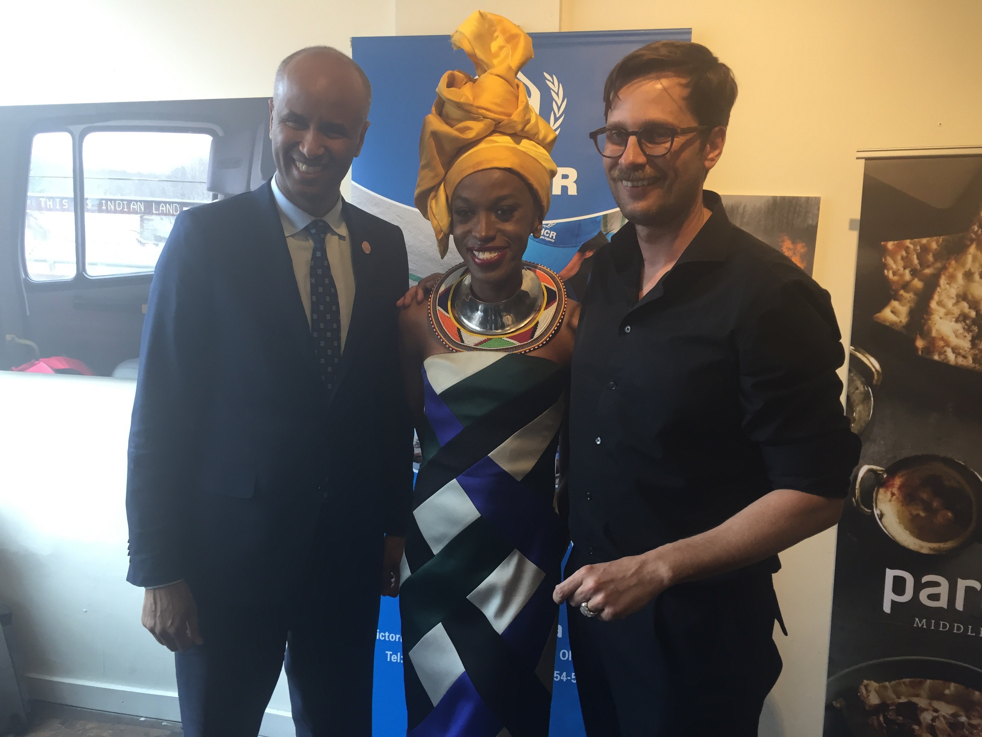 Minister of Immigration, Ahmed Hussen (left) and refugee activist Biko Beautah (middle) joined UNHCR Canada Representative, Jean-Nicolas Beuze at the launch event in Toronto. © UNHCR/ Lauren Larose