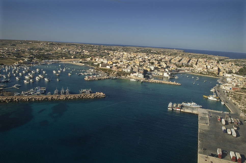 An overhead view of the Italian port of Lampedusa on the Mediterranean Sea