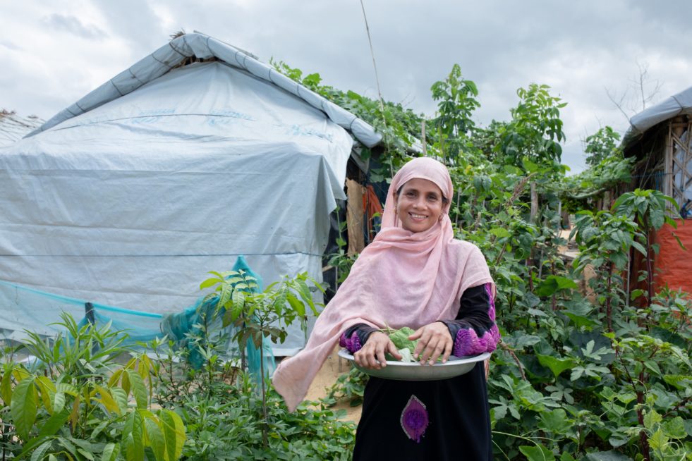 A portrait of a Rohingya refugee embracing green tech