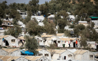 Tents along a mountain side in Greece