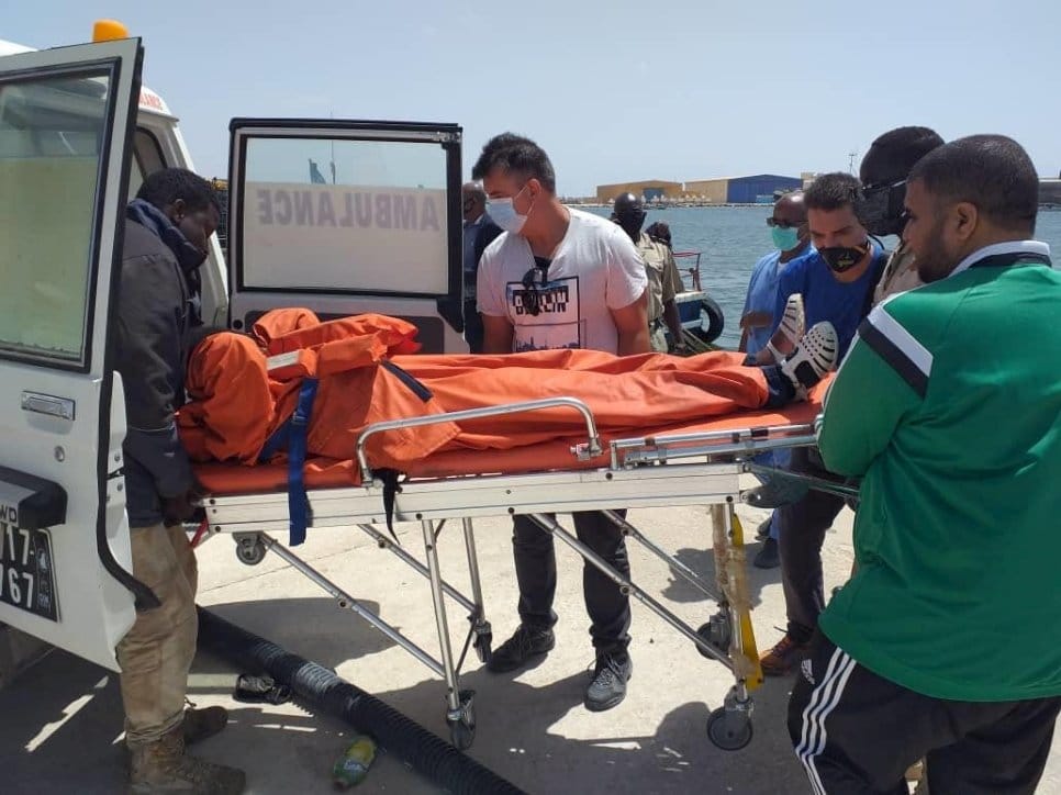 The only survivor among passengers on a boat adrift off the West African coast is transported to an ambulance in Nouadhibou, Mauritania, on 6 August 2020