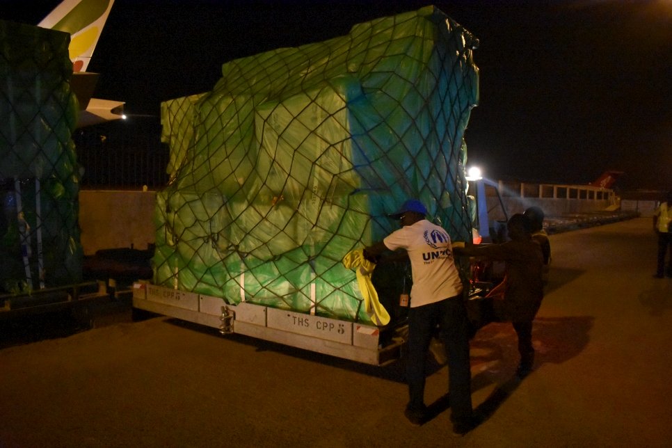 An emergency shipment airlifted from Dubai arrives in Chad, bringing blankets, jerry cans, mosquito nets, kitchen sets, solar lamps and other relief items for thousands of refugees who fled violence in Darfur, Sudan