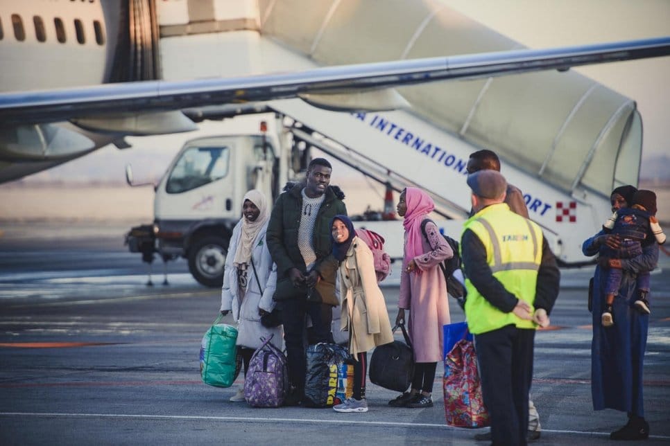 A group of Sudanese refugees arrive at an emergency transit centre in Timisoara, Romania, in December 2018. Recently evacuated from Libya, they were awaiting emergency resettlement