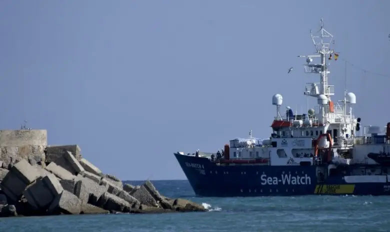 The Sea-Watch 4 rescue ship leaves the port of Burriana on August 15, 2020, following maintenance