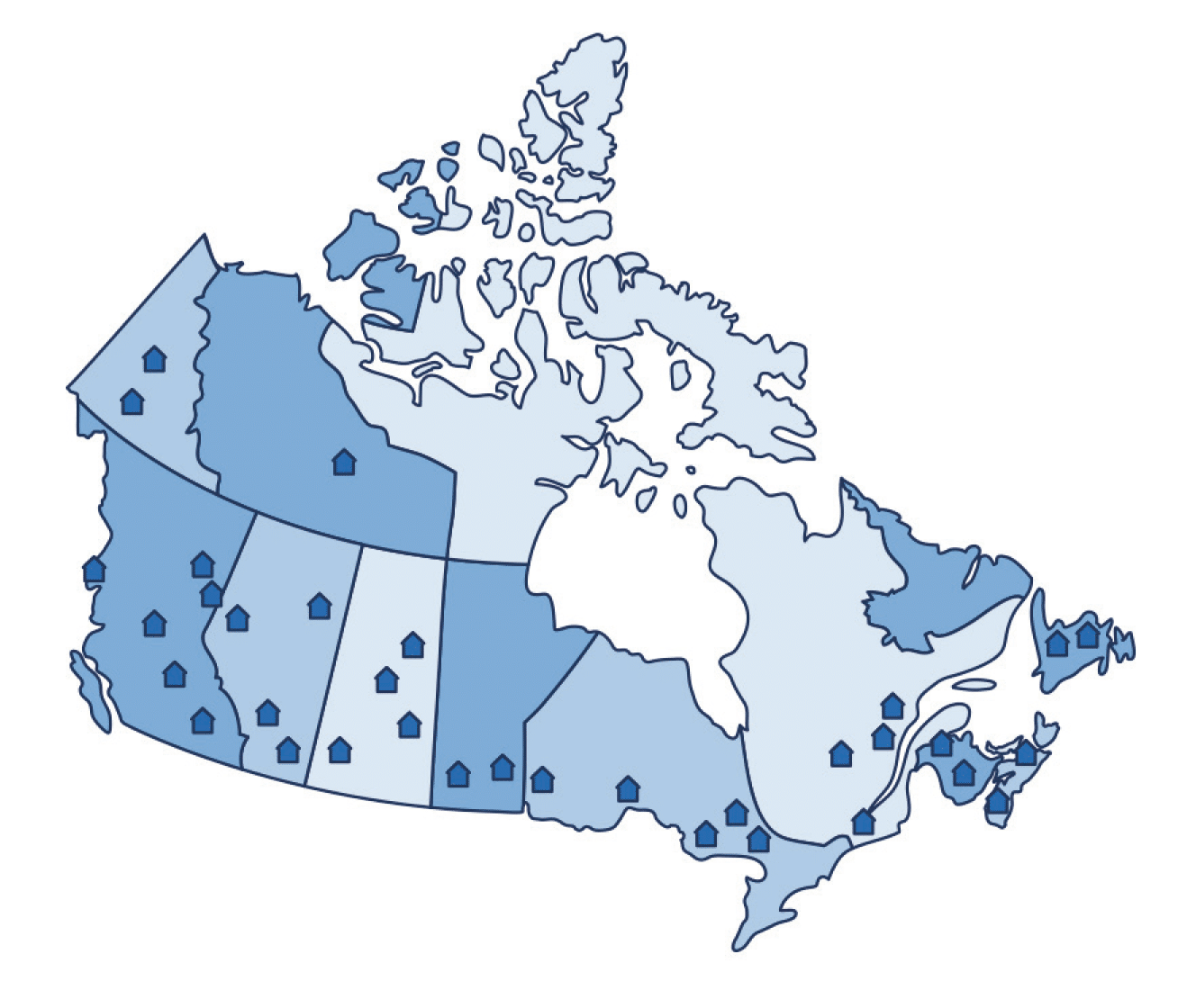 Map of Canada showing places where refugees have resettled throughout the years.