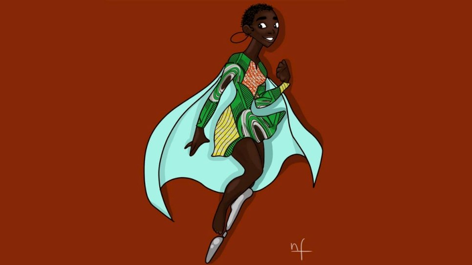 Noémie in France submitted this drawing of a superhero inspired by a Sudanese refugee girl walking under the rain on one of UNHCR’s Instagram posts