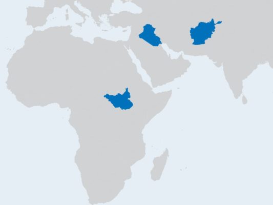map of Africa and Middle East with three countries shaded in dark blue