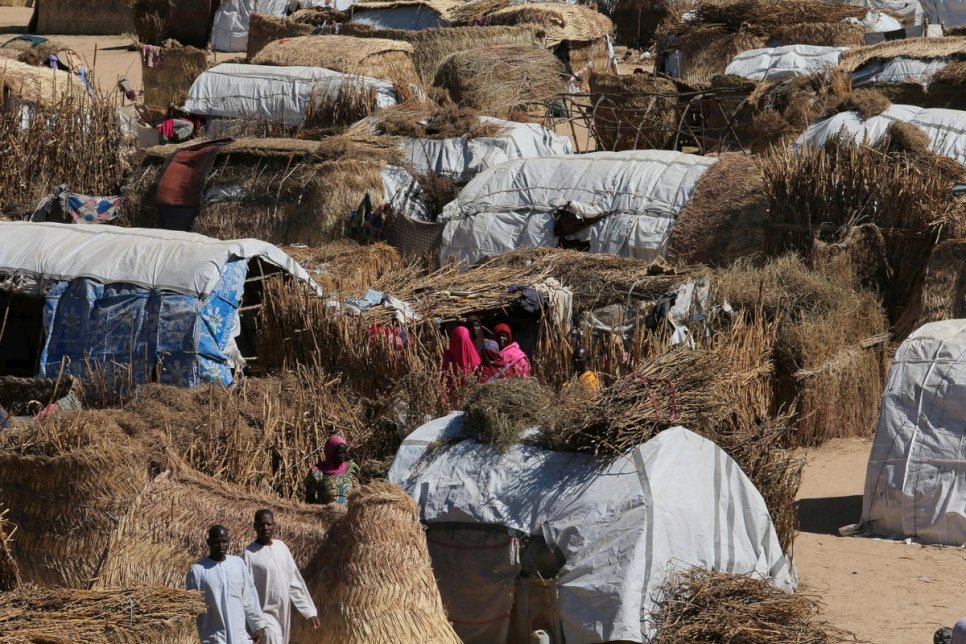 People are seen next to their thatched homes at the Muna camp for internally displace people in Maiduguri, Nigeria, December 1, 2016.  © UNHCR/Afolabi Sotunde