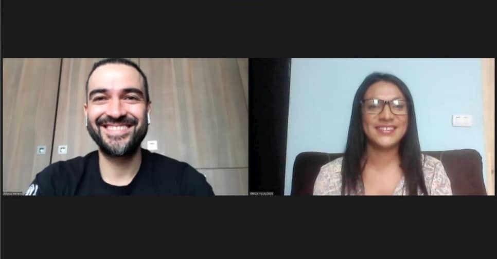 Mexican actor Alfonso Herrera, a UNHCR High Profile supporter, talks via videoconference with Grecia Villalobos - a staffer with COMCAVIS TRANS, an LGBTI rights organisation based in El Salvador