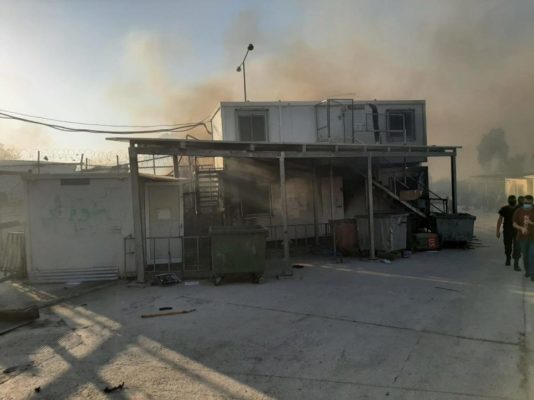 Fire damaged housing for refugees and asylum seekers at Moria camp, Lesvos, Greece