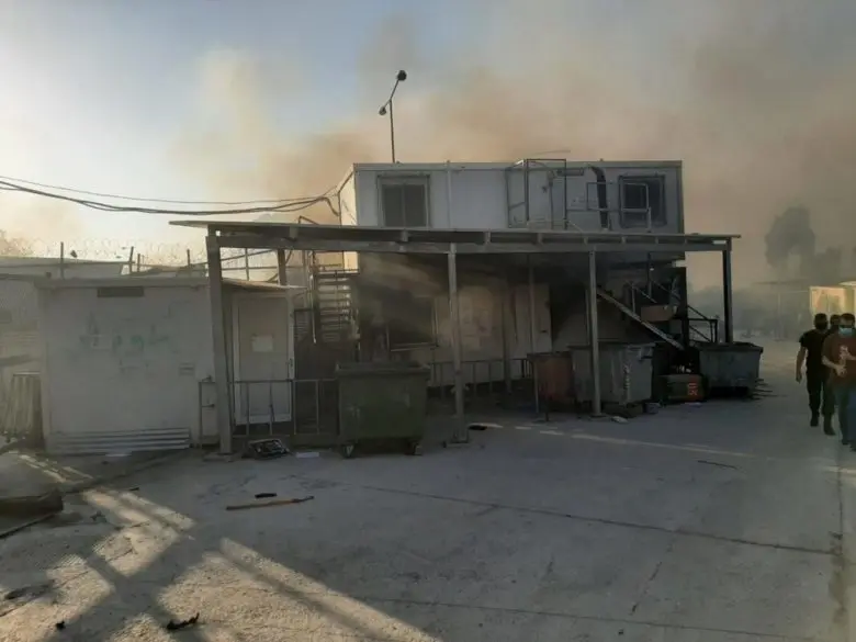 Fire damaged housing for refugees and asylum seekers at Moria camp, Lesvos, Greece
