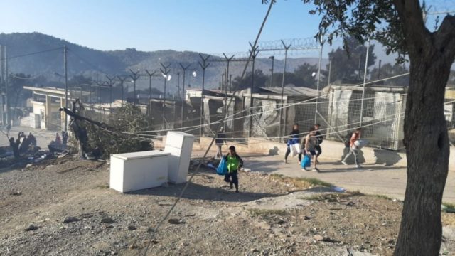 Fire damage at the Registration and Identification Center at Moria camp, Lesvos, Greece