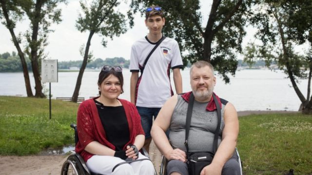 Tetiana Baransova, Nansen Refugee Award regional winner for Europe, with husband Oleksiy Soroka and son Pavlo, at Pavlo’s birthday party in Natalka Park, Kyiv, Ukraine