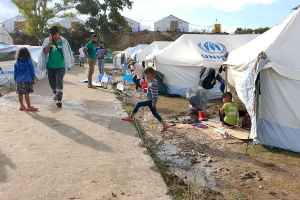 Refugees and migrants at the Kara Tepe emergency site on the Island of Lesvos, Greece.