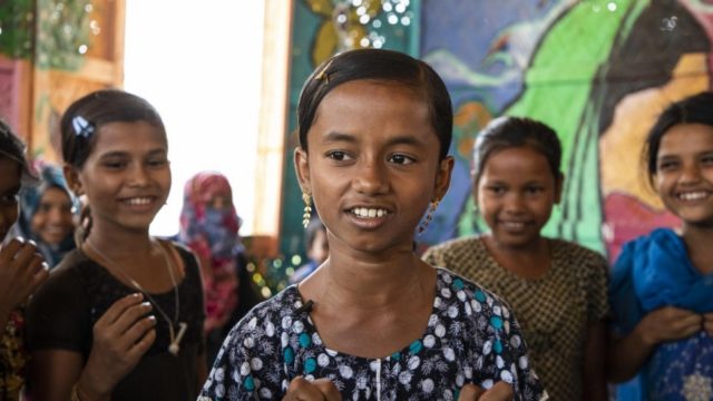 Myshara, 13, a Rohingya refugee from Myanmar, leads a group of other children who are learning to talk about their worries as part of a mental health programme at Kutupalong camp.