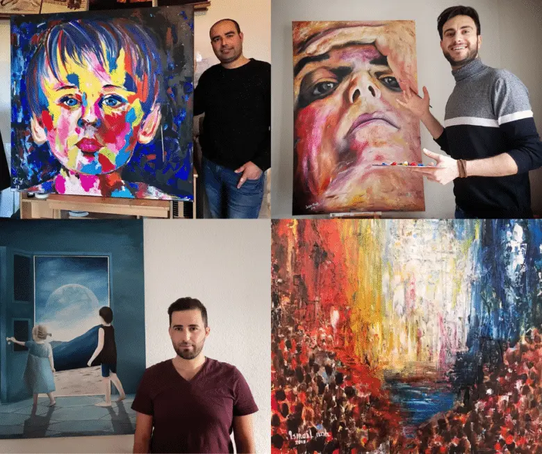 Ismail (en haut à gauche), Jason (en haut à droite) et Salam (en bas à gauche) de "Brotherly Art" avec leurs œuvres 