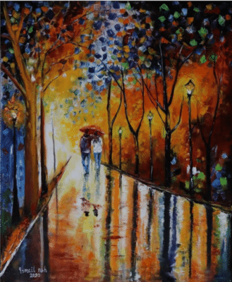 A painting of a street called "Walk With Me"