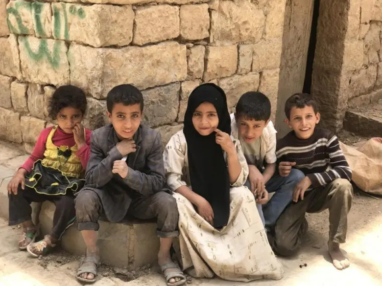 Displaced Yemeni children play in Amran’s old city, July 2017.