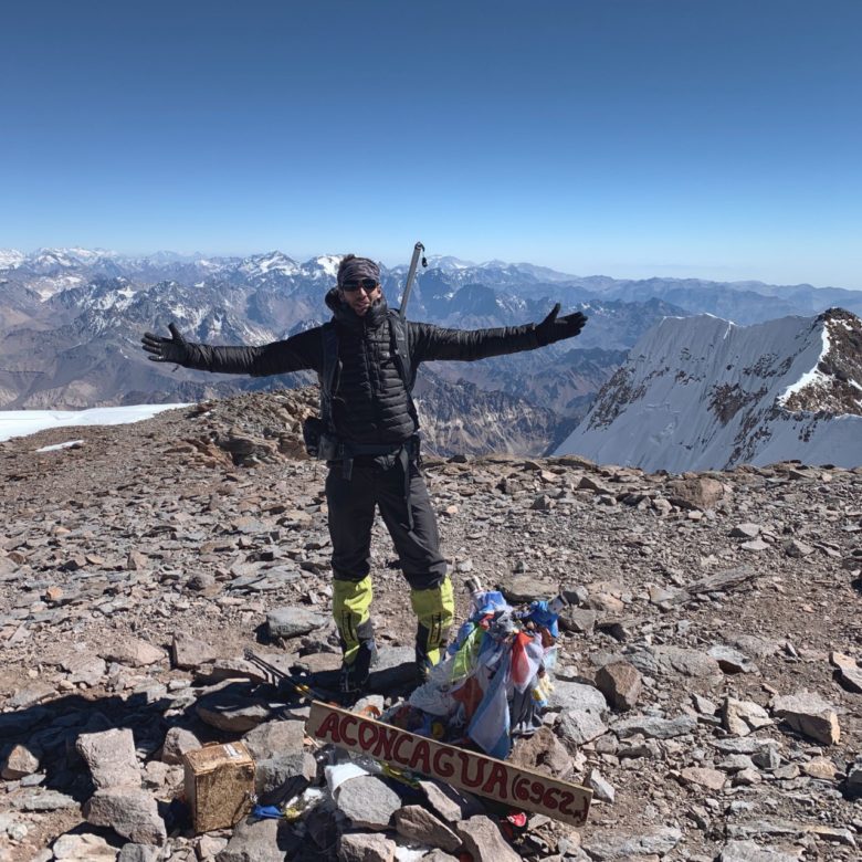 Achraf Gueroun at the summit of Mount Aconcagua in Argentina