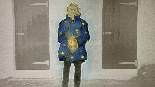 Dessin de Neil Gaiman holding qui porte un manteau et tient une boule de lumière.