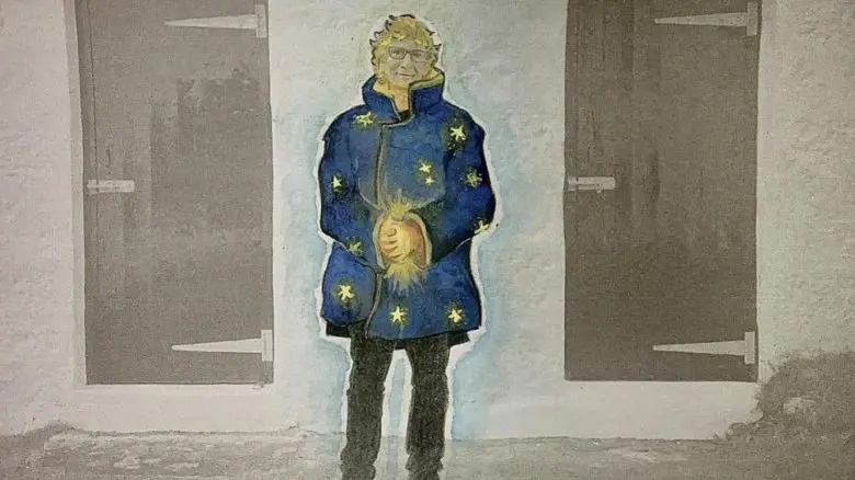 Dessin de Neil Gaiman holding qui porte un manteau et tient une boule de lumière.