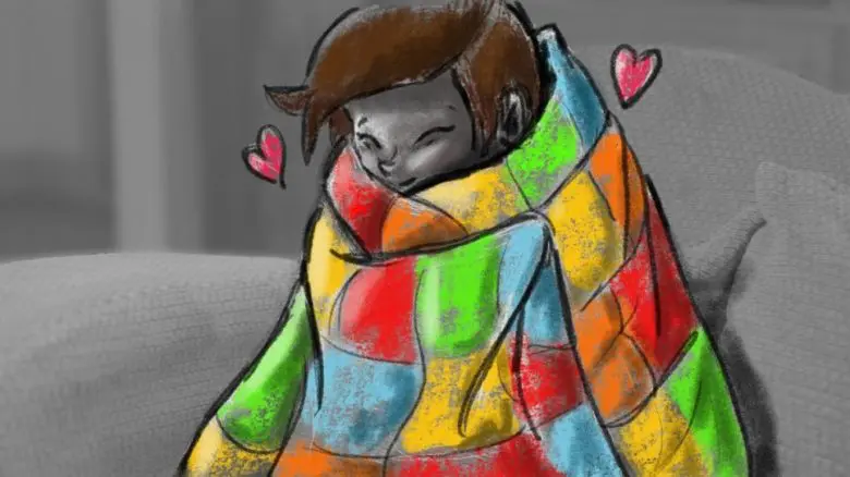 Drawing of a child embracing a colourful blanket.