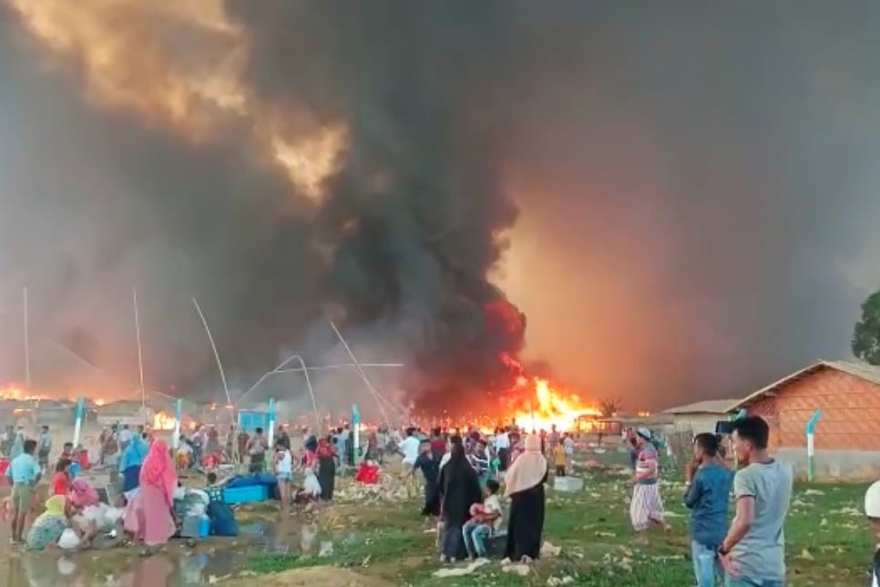 A fire is seen at a Balukhali refugee camp in Cox’s Bazar, Bangladesh.