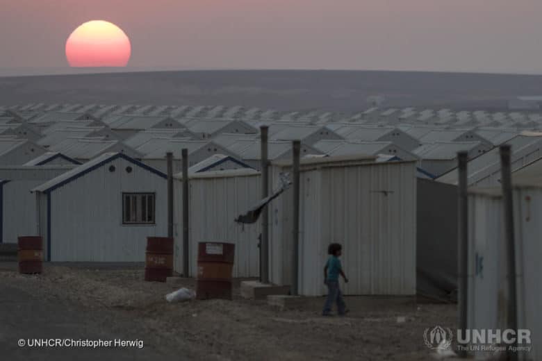 Overview over Azraq camp just before sunset. Azraq Camp stretches across a vast area of empty desert the North of Jordan. Azraq is home to over 35,000 Syrian refugees.
