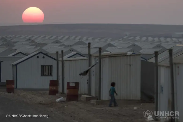 Overview over Azraq camp just before sunset. Azraq Camp stretches across a vast area of empty desert the North of Jordan. Azraq is home to over 35,000 Syrian refugees.